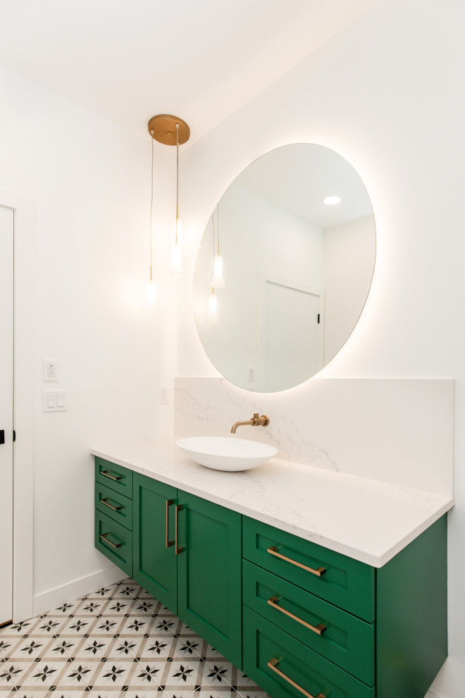 This is an example of a large traditional 3/4 bathroom in Calgary with shaker cabinets, green cabinets, white tile, stone slab, white walls, ceramic floors, a vessel sink, engineered quartz benchtops, white benchtops, a single vanity and a floating vanity.