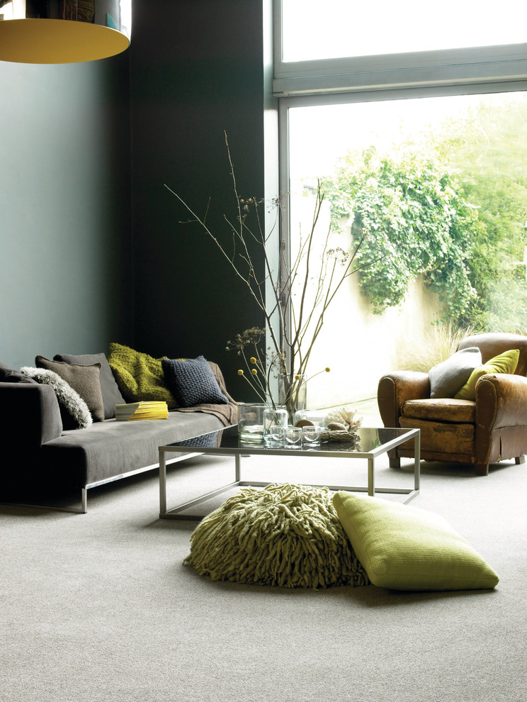 This is an example of a contemporary open concept living room in Other with carpet and grey floor.