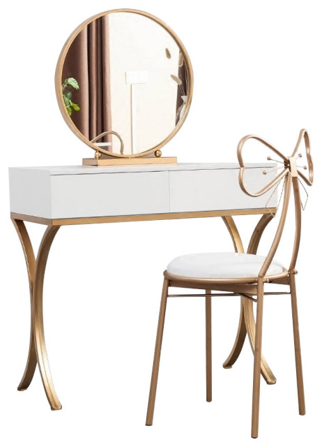 White Wood Makeup Dressing Table Set, Small Mirrored Vanity Table