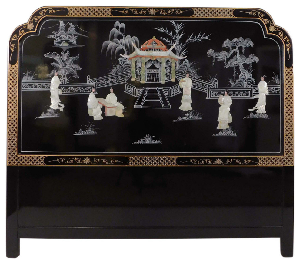 Black Lacquer Headboard Inlaid With Mother of Pearl, Queen Size 62"x 54