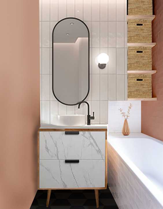 Стильный дизайн: маленькая главная ванная комната в скандинавском стиле с фасадами с декоративным кантом, серыми фасадами, полновстраиваемой ванной, душем над ванной, раздельным унитазом, белой плиткой, керамической плиткой, розовыми стенами, полом из линолеума, накладной раковиной, столешницей из искусственного камня, черным полом, открытым душем, белой столешницей, тумбой под одну раковину, напольной тумбой и кирпичными стенами для на участке и в саду - последний тренд