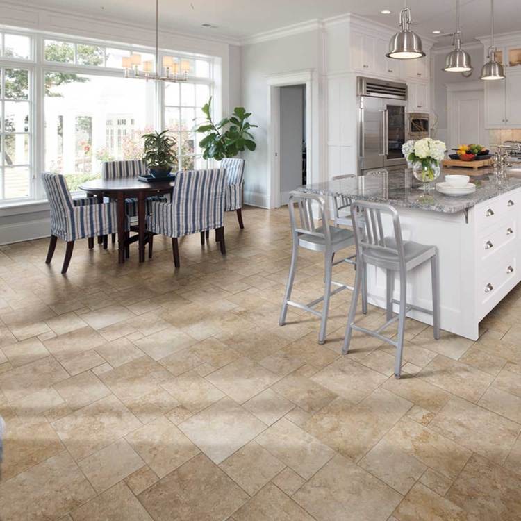 Large transitional u-shaped travertine floor eat-in kitchen photo in Raleigh with shaker cabinets, white cabinets, granite countertops, multicolored backsplash, ceramic backsplash, stainless steel appliances and an island