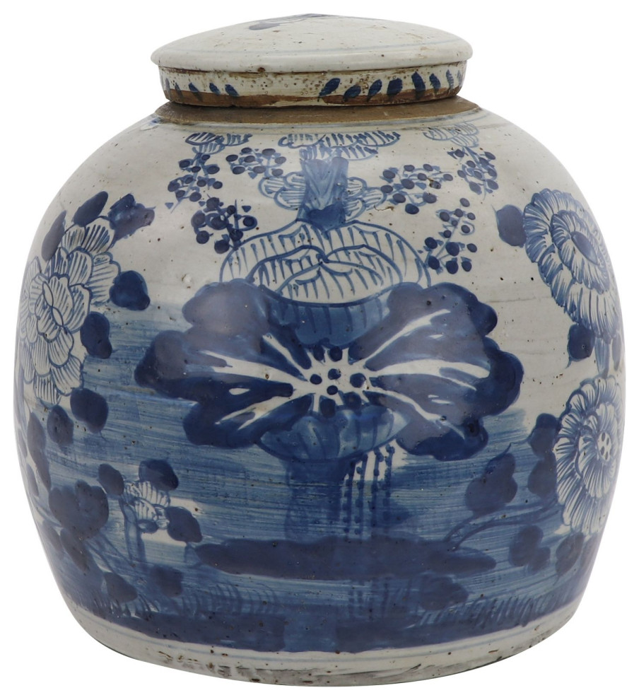 Vintage Ming Jar Four Season Plants Large Asian Decorative Jars