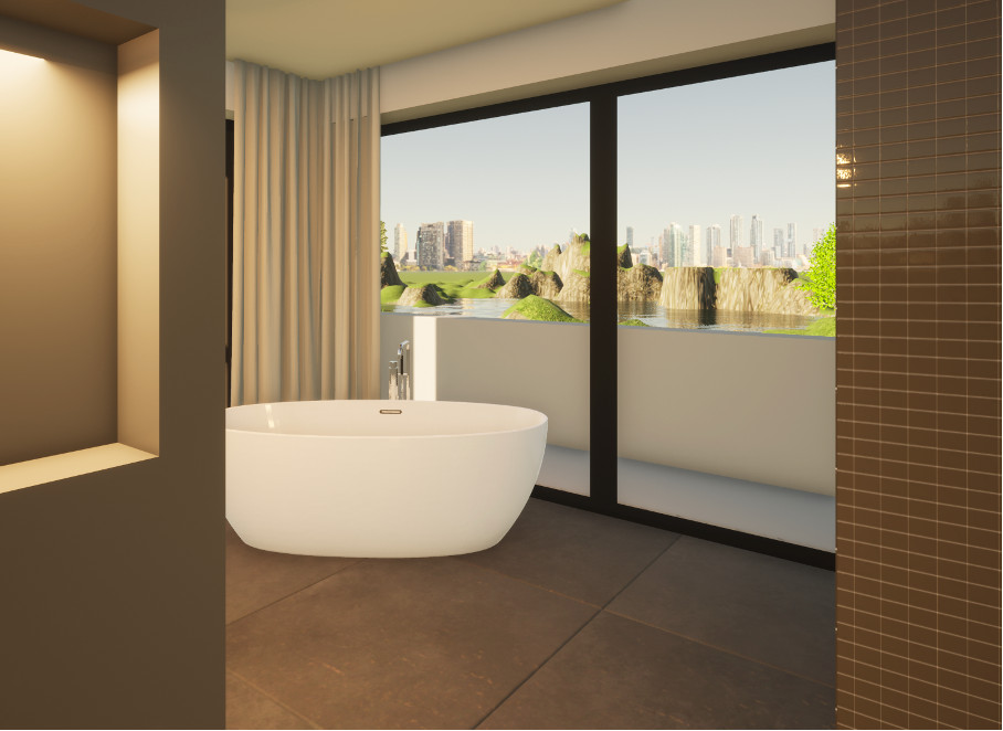 Exempel på ett stort modernt beige beige en-suite badrum, med släta luckor, beige skåp, ett fristående badkar, en dusch i en alkov, en bidé, beige kakel, stenkakel, beige väggar, klinkergolv i keramik, ett fristående handfat, kaklad bänkskiva, brunt golv och med dusch som är öppen