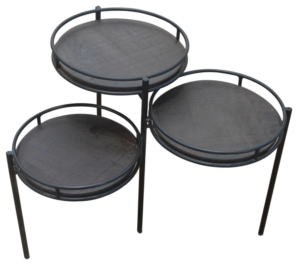 23" Black Solid Wood And Iron Round End Table Industrial Side