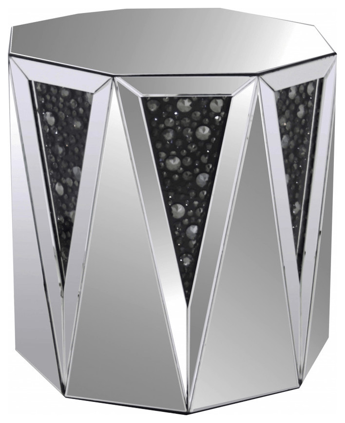 24" Silver And Faux Crystals Octagon Mirrored End Table Contemporary Side Tables And End