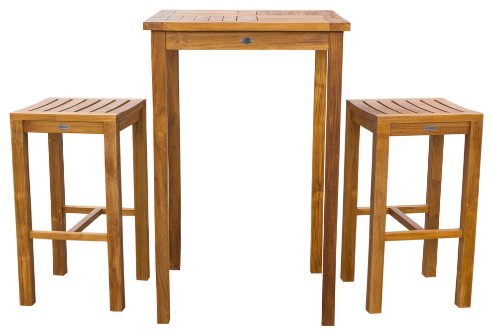 3Piece Teak Wood Havana Small Patio Bar Set with 27" Square Table and