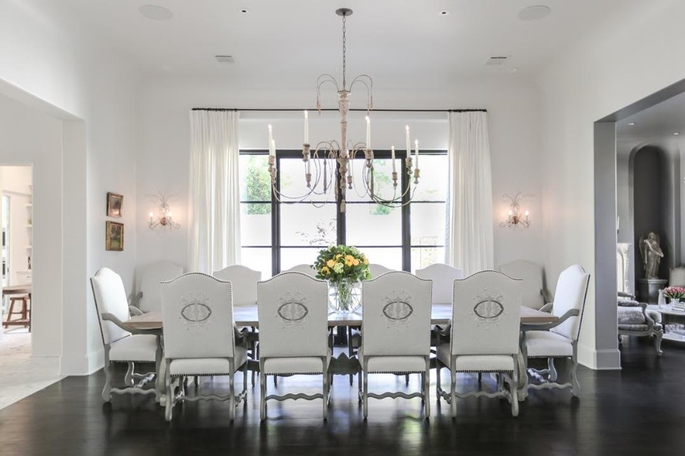 Photo of a mid-sized traditional separate dining room in Houston with white walls, dark hardwood floors and no fireplace.
