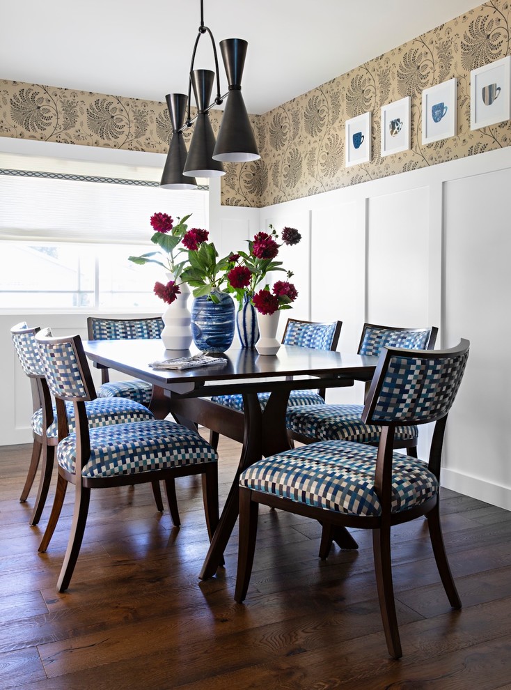 This is an example of a mid-sized transitional dining room in Phoenix with dark hardwood floors and brown floor.