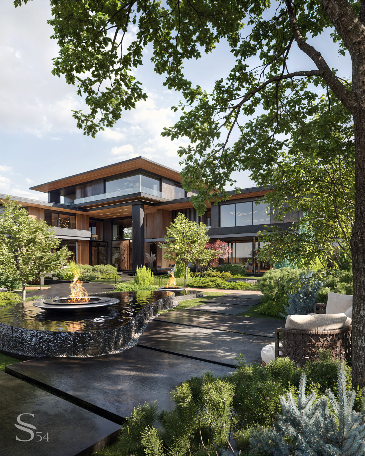 Встроенные очаги в фонтане