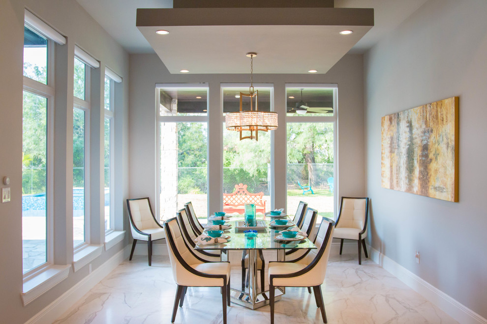 Kitchen/dining room combo - mid-sized transitional porcelain tile and white floor kitchen/dining room combo idea with gray walls