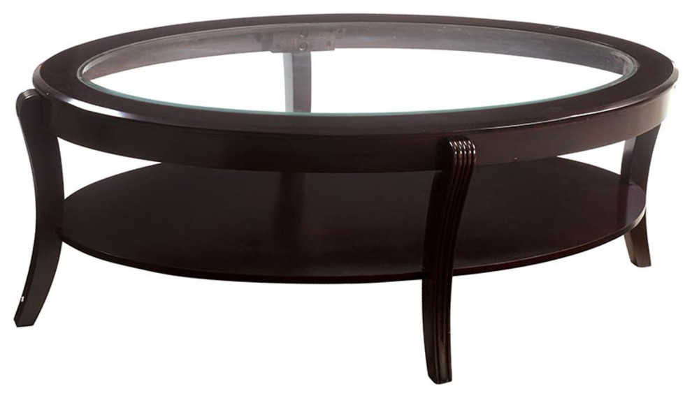 Transitional Coffee Table, Curved Legs With Shelf, Inverted Glass Top