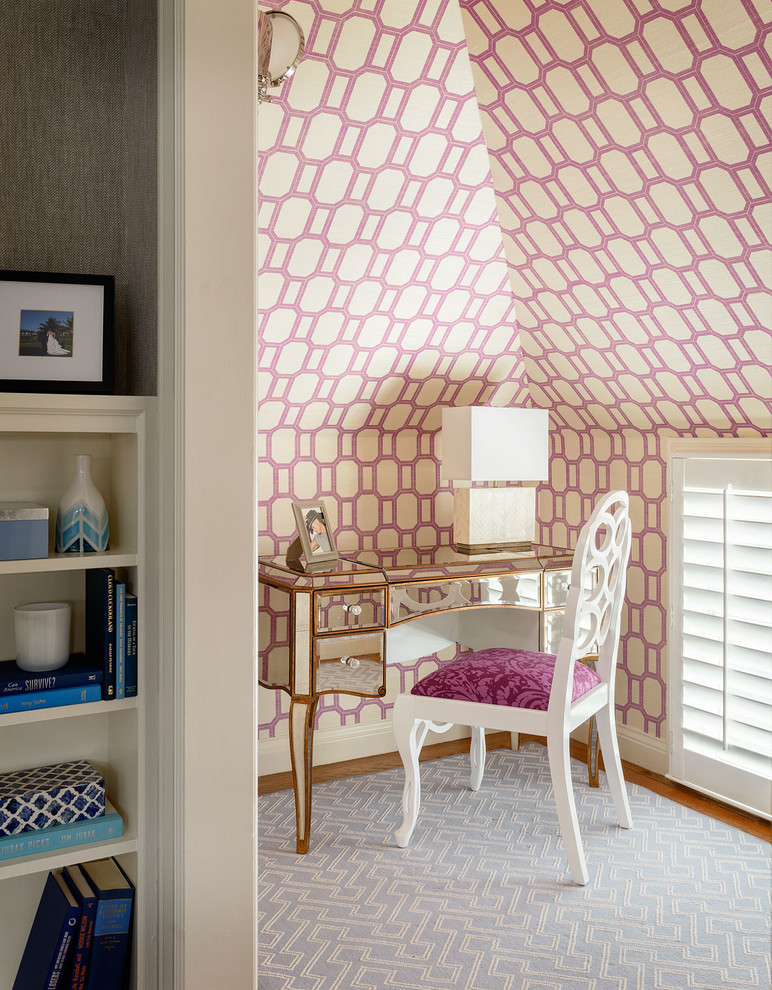 This is an example of a small transitional study room in San Francisco with carpet, a freestanding desk and multi-coloured walls.