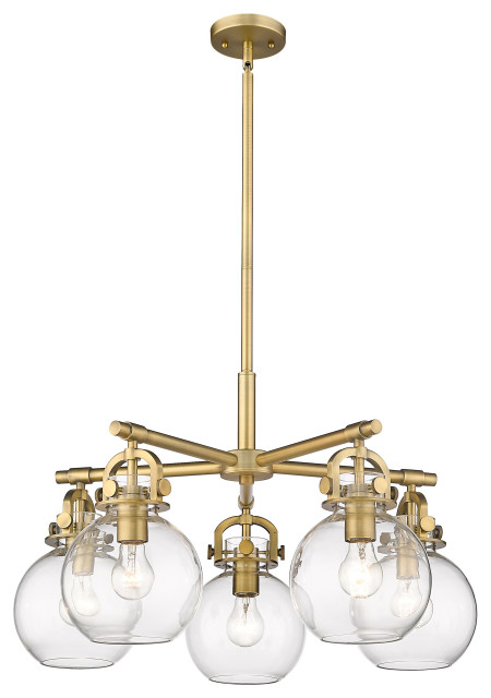 Newton Sphere, 5 Light 7" Stem Hung Chandelier, Brushed Brass, Clear Glass