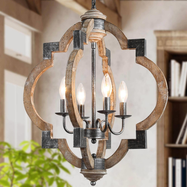 LALUZ 4-light Farmhouse Wood Lantern chandelier for Kitchen Island