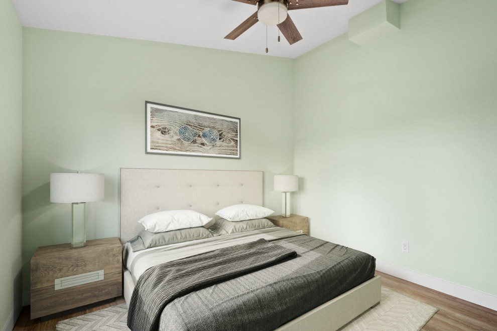 サンディエゴにある中くらいなコンテンポラリースタイルのおしゃれな寝室 (緑の壁、無垢フローリング、茶色い床) のレイアウト