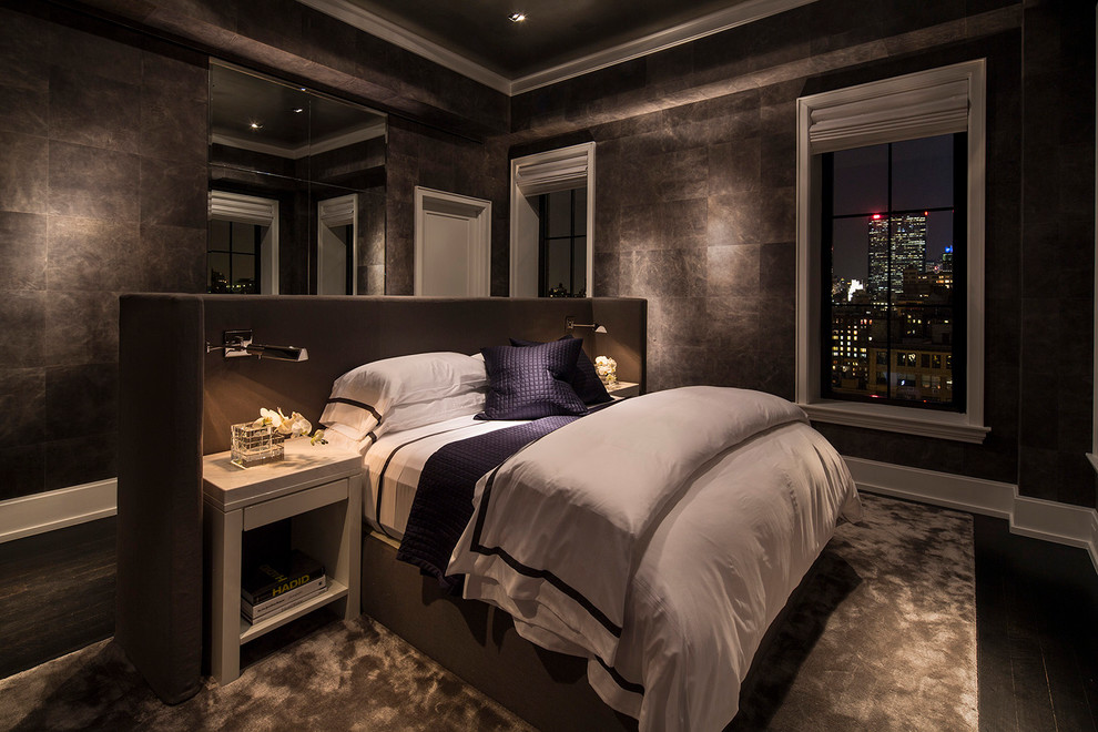 Design ideas for a mid-sized modern master bedroom in New York with brown walls and dark hardwood floors.