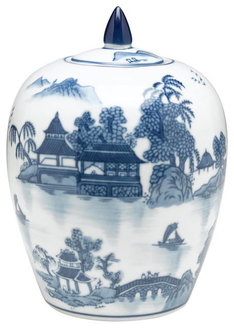 Blue and White Round Jar With Lid