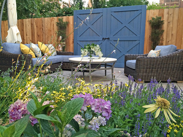 Park Slope, Brooklyn Garden Design, Water Fountain, Travertine Paver, Wood fence farmhouse-garden