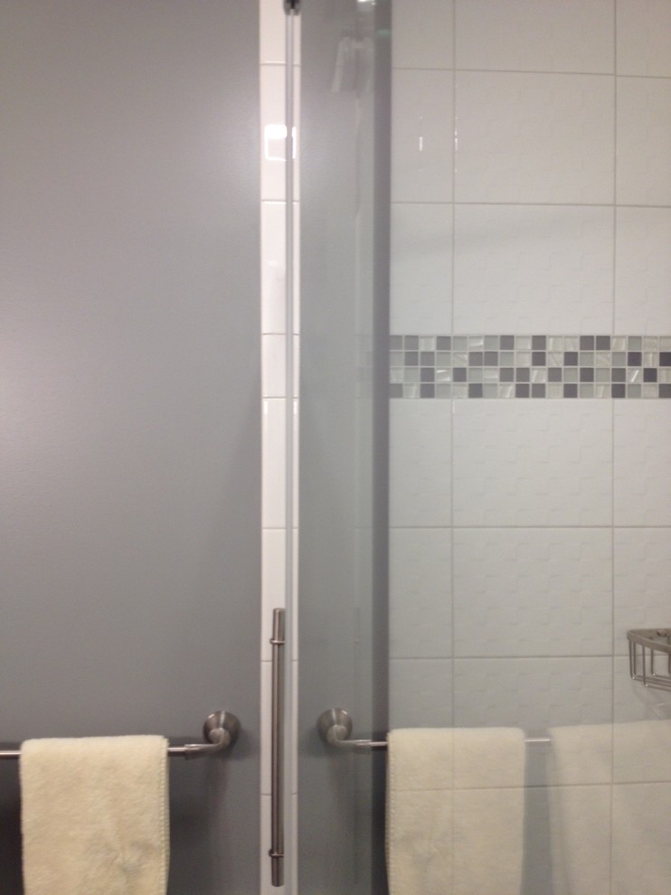 Example of a small transitional kids' white tile and ceramic tile porcelain tile home design design with a pedestal sink and gray walls