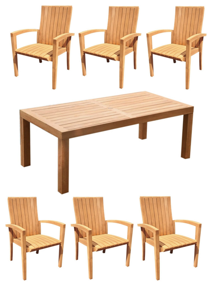 7Piece Outdoor Teak Dining Set 86" Rectangle Table, 6 Goa Stacking