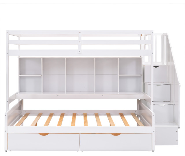 Gewnee Twin XL over Full Bunk Bed with Builtin Storage Shelves in