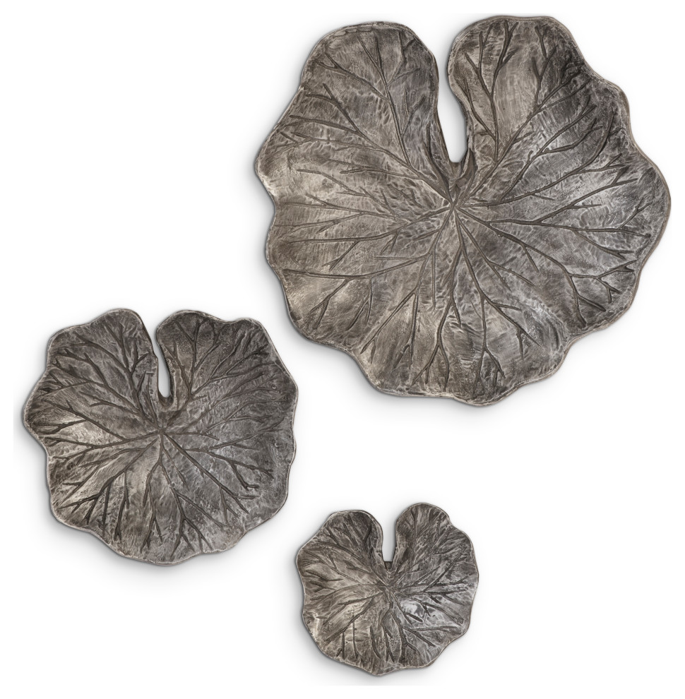 Lotus Leaf Wall Tiles, 3Piece Set, Black/Silver, Aluminum Asian Metal Wall Art by