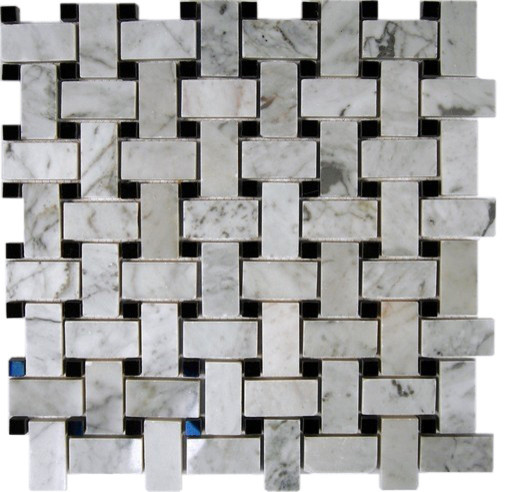 Trenza Weave White Carrera 1x2 With Black Dot 7/8x7/8 Marble Tile