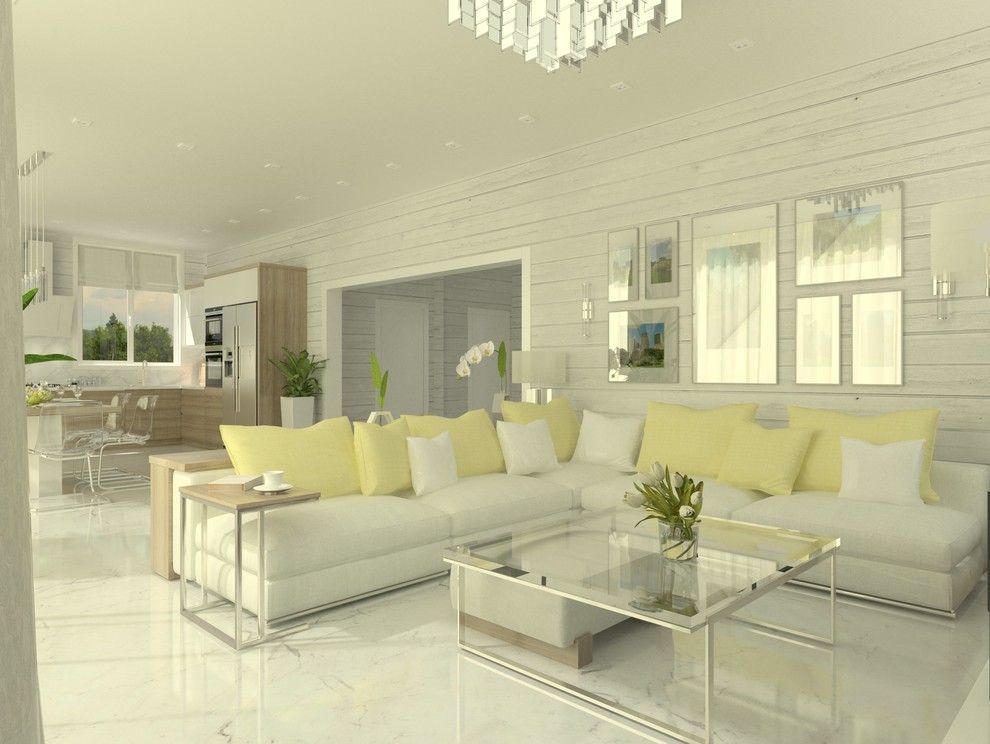 Интерьер кухни-гостиной в загородном доме из клееного бруса, г. Ижевск