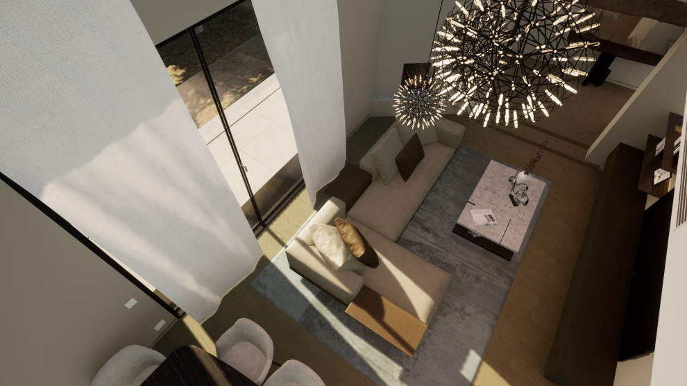 Esempio di un ampio soggiorno design aperto con pareti bianche, pavimento in legno massello medio e TV a parete