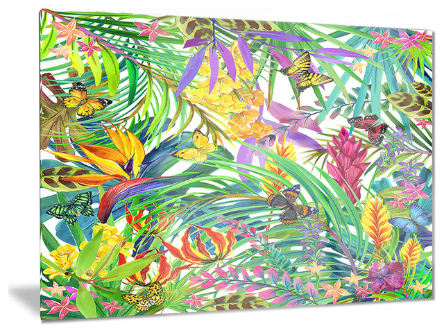 "Tropical Leaves and Flowers" Floral Glossy Metal Wall Art - Tropical
