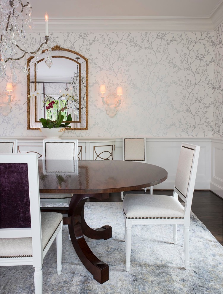 Inspiration for a traditional separate dining room in Dallas with white walls and dark hardwood floors.
