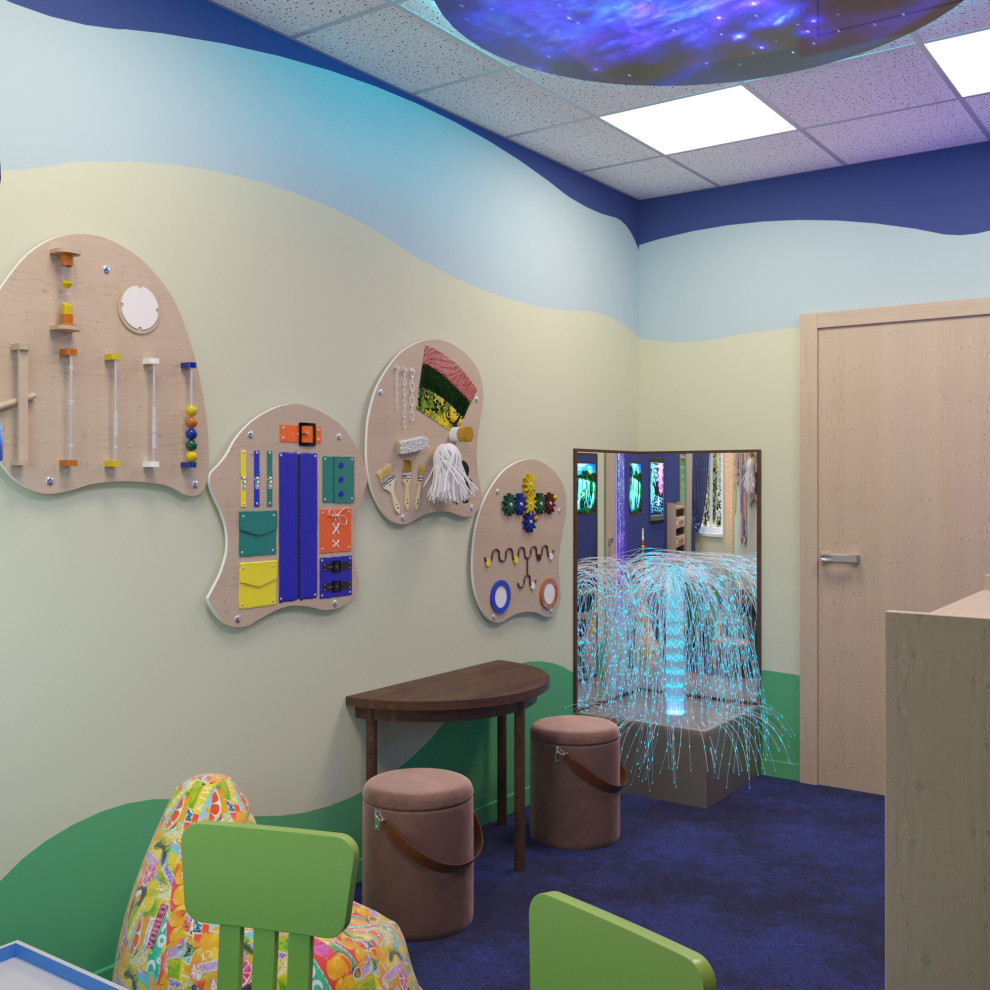 Inspiration for an eclectic kids' room for kids 4-10 years old in Moscow with carpet and blue floor.