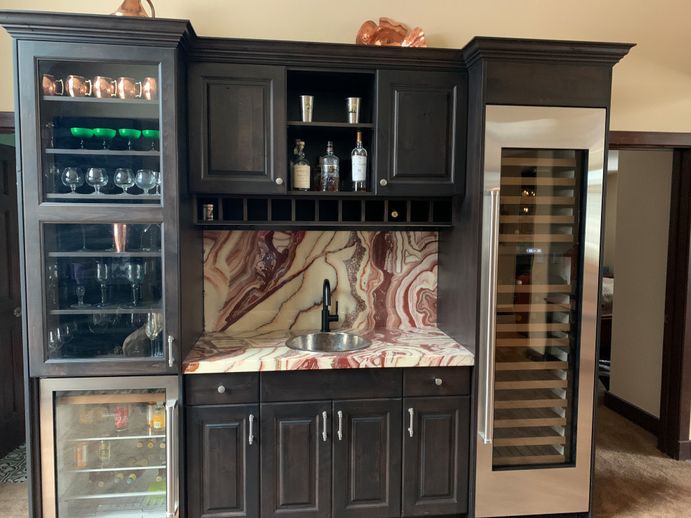 Photo of a small contemporary single-wall wet bar in Denver with a drop-in sink, onyx benchtops, multi-coloured splashback and multi-coloured benchtop.