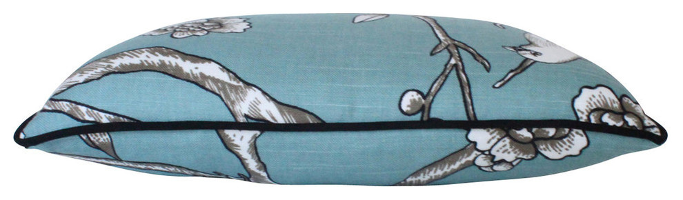Teal Lumbar Pillow Cover in Bird Fabric on Both Sides and Black Piping