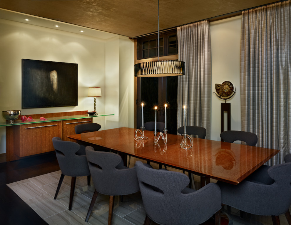 Large contemporary separate dining room in Denver with beige walls, dark hardwood floors and no fireplace.