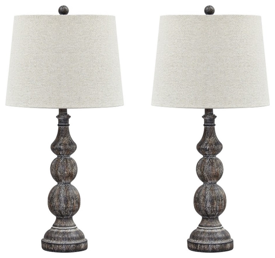 Polyresin Table Lamp with Turned Base Set of 2 Brown and Off White