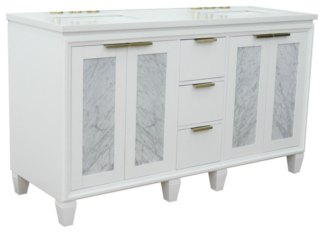 61" Double Sink Vanity, White Finish With White Quartz And Rectangle Sink