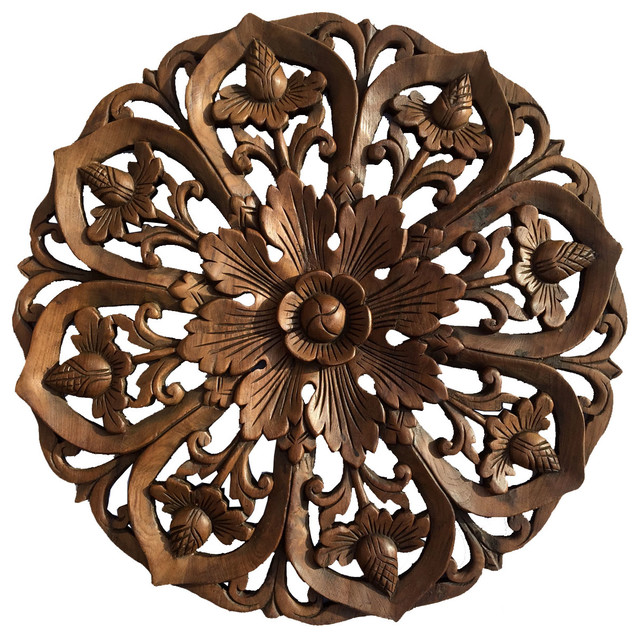 Oriental Bali Round Lotus Flower Carved, Round Wood Carved Wall Art