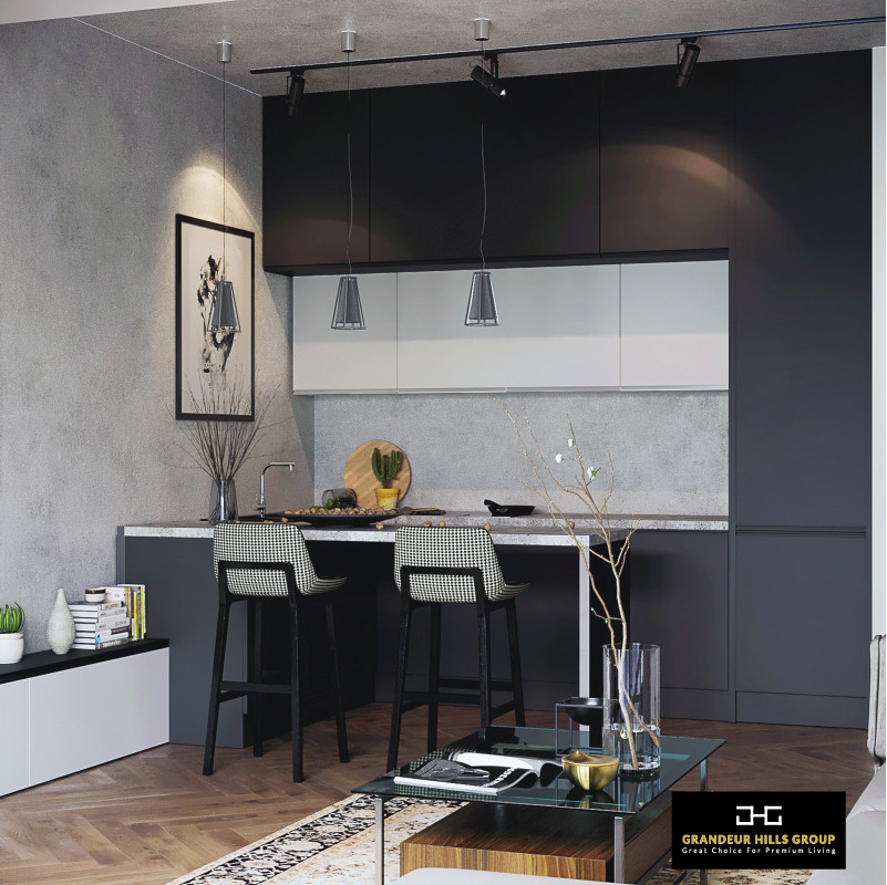 Inspiration for a small contemporary galley kitchen pantry in New York with flat-panel cabinets, black cabinets, concrete benchtops, grey splashback, stone tile splashback, dark hardwood floors, multiple islands, brown floor and grey benchtop.