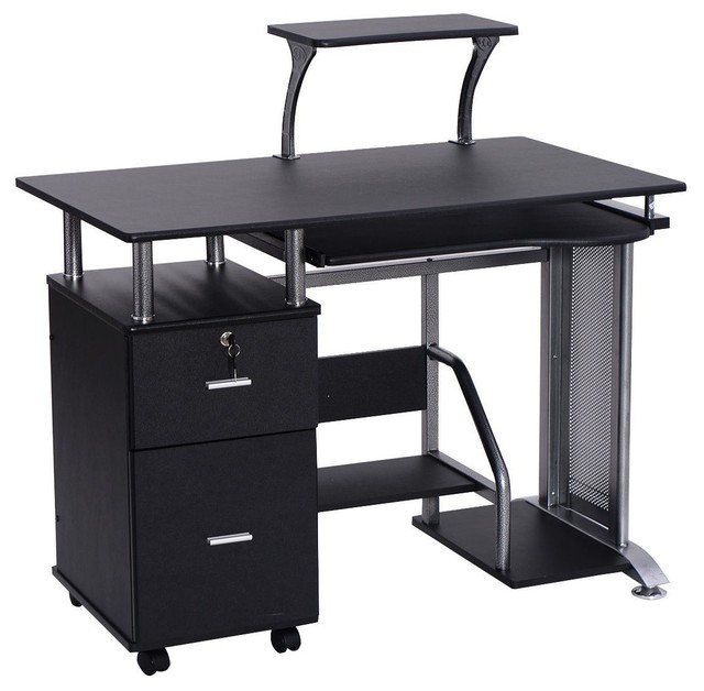 Modern Black Computer Desk with Printer Shelf Transitional Desks