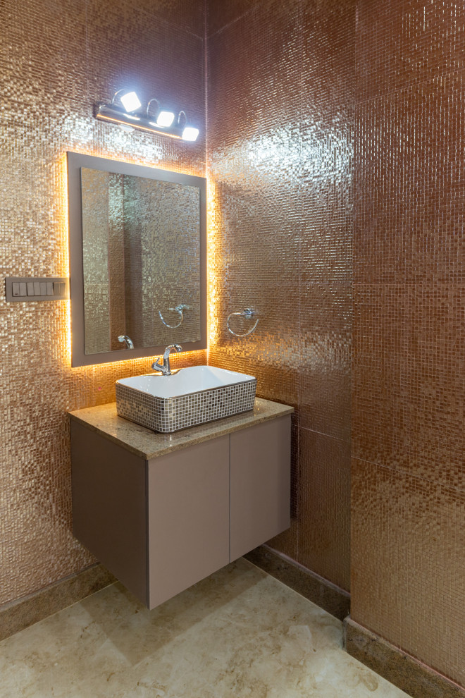 Photo of a mid-sized contemporary 3/4 bathroom in Bengaluru with flat-panel cabinets, brown cabinets, porcelain floors, a vessel sink, brown floor, brown benchtops, a single vanity and a floating vanity.