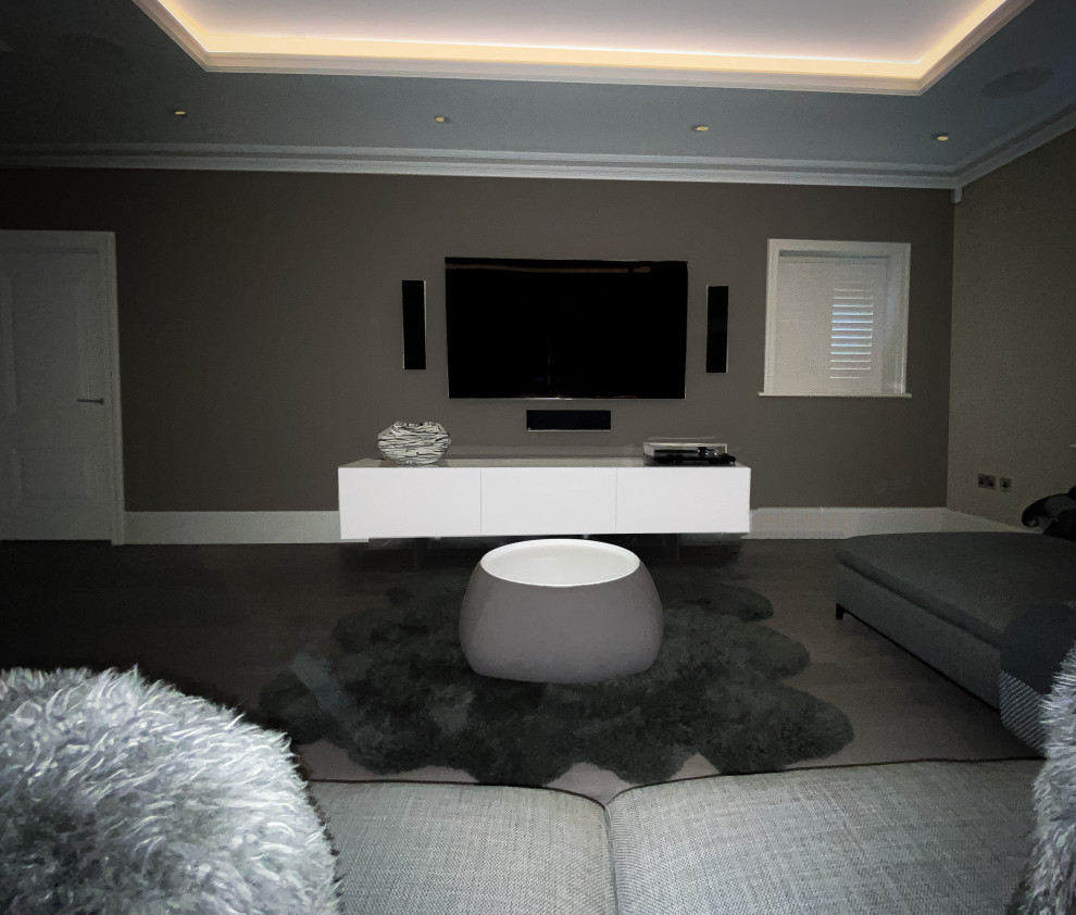 Inspiration för stora moderna avskilda hemmabior, med grå väggar, mörkt trägolv, en väggmonterad TV och grått golv