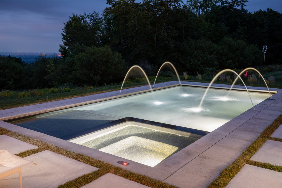 Esempio di una piccola piscina design rettangolare dietro casa con una vasca idromassaggio e lastre di cemento