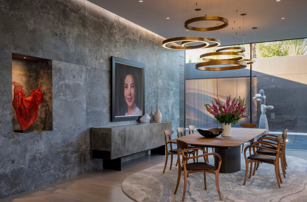 Идея дизайна: огромная гостиная-столовая в стиле модернизм с серыми стенами, полом из керамогранита, белым полом и многоуровневым потолком