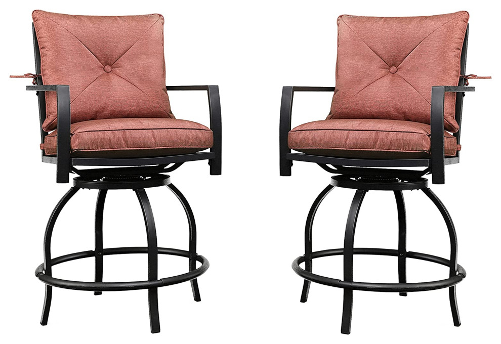 Set of 2 Outdoor Swiveling Bar Stool, Rust Resistant Metal Frame & Red