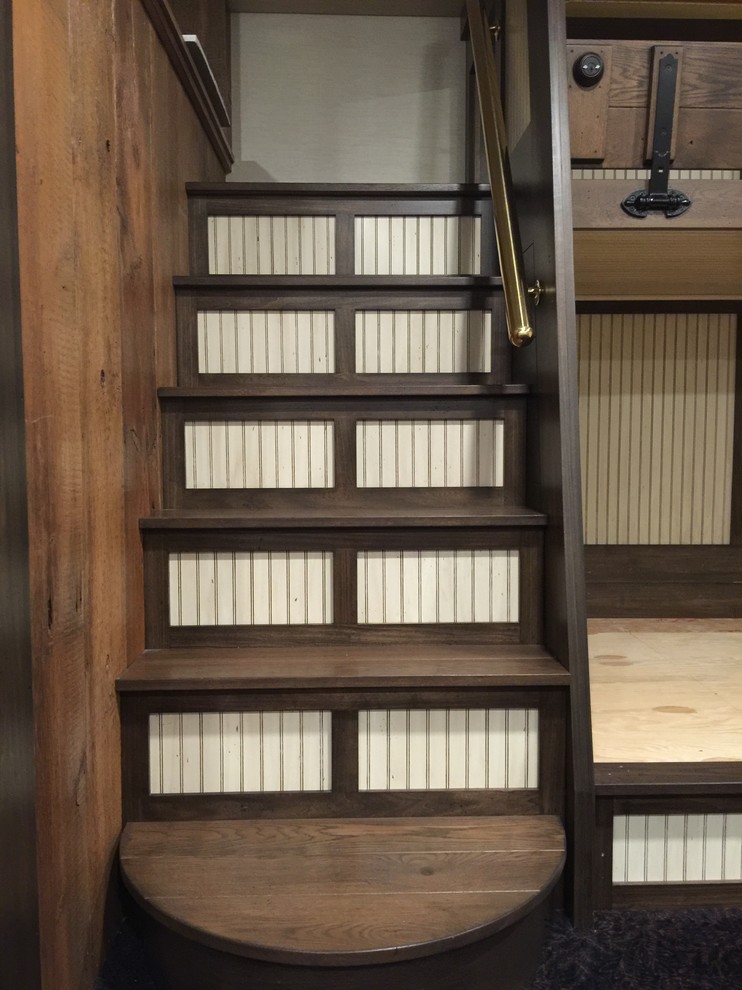 Staircase - mid-sized rustic guest carpeted and brown floor staircase idea with white walls and no fireplace