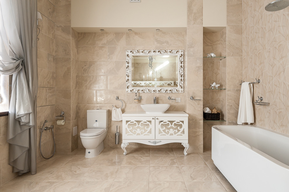 Inspiration for a large traditional master bathroom in Other with beige tile, porcelain tile, porcelain floors, beige floor, white benchtops, white cabinets and a vessel sink.