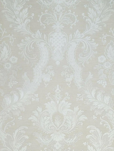 Victorian Tan white cream gold metallic damask Wallpaper - Farmhouse