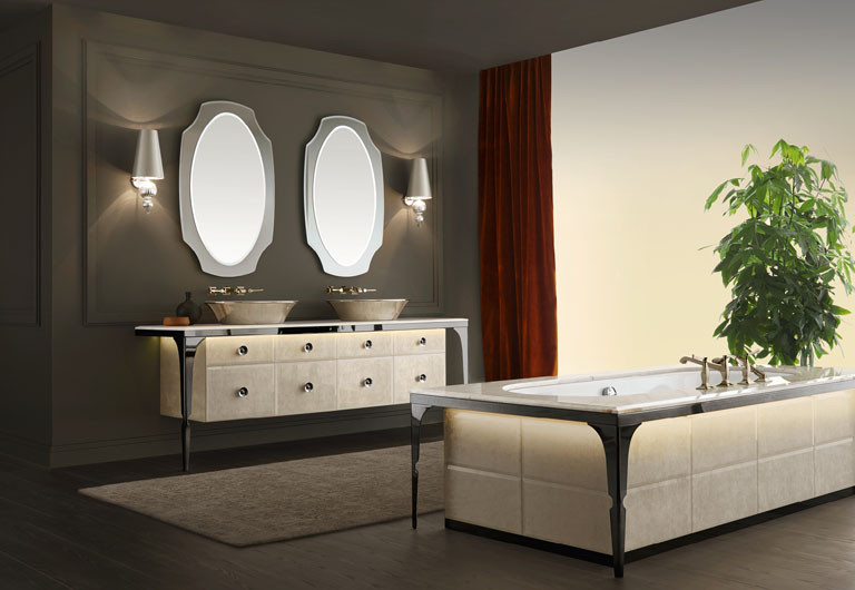 Large transitional master double-sink freestanding bathtub photo in Moscow with a floating vanity